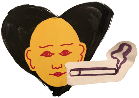yellow face with joint graffiti in black heart background